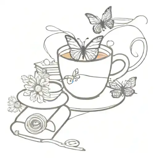 stack of books, cup of tea, daisys 2 butterfly's and scissors cutting a small string  tattoo design idea