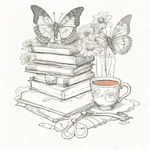 stack of books, cup of tea, daisys 2 butterfly's and scissors cutting a small string  tattoo design idea