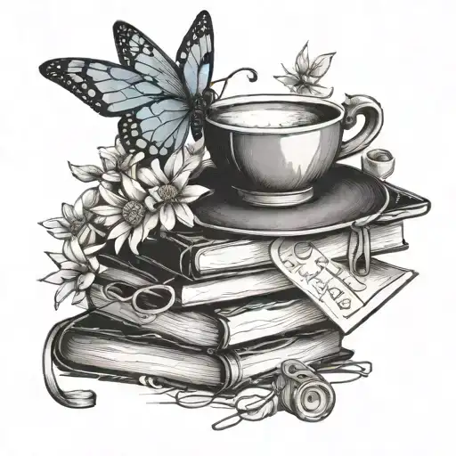 stack of books, cup of tea, daisys 2 butterfly's and scissors cutting a small string  tattoo design idea