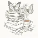 stack of books, cup of tea, daisys 2 butterfly's and scissors cutting a small string  tattoo design idea