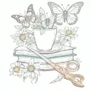 stack of books, cup of tea, daisys 2 butterfly's and scissors cutting a small string  tattoo design idea