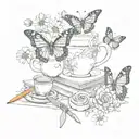 stack of books, cup of tea, daisys 2 butterfly's and scissors cutting a small string  tattoo design idea