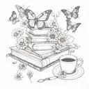 stack of books, cup of tea, daisys 2 butterfly's and scissors cutting a small string  tattoo design idea