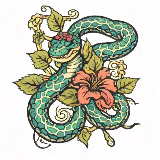 wine grapevines pharmacy snake with flowers tattoo design idea