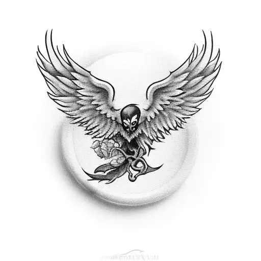 Phoenix that is flying and holding a skull with left claw and holding a rose in right claw  tattoo design idea