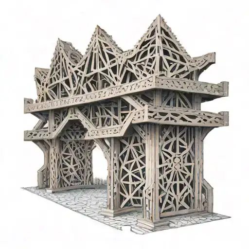 A detailed wood carving of a truss structure with intricate patterns and designs tattoo design idea