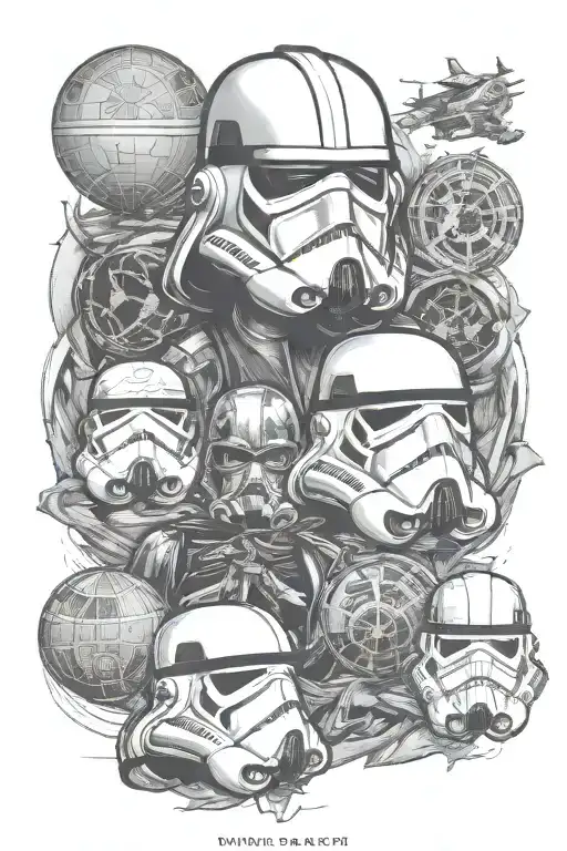 star wars with Darth Vader and stormtroopers and death star. tattoo design idea