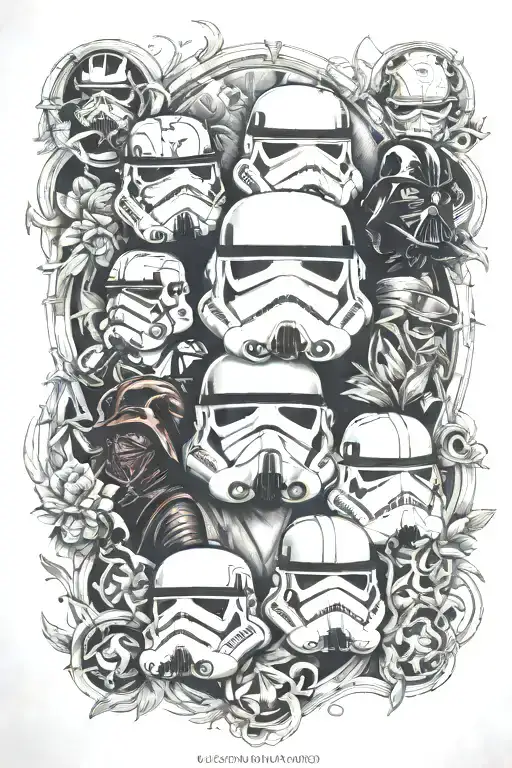 star wars with Darth Vader and stormtrooper, scout trooper and death star. full sleeve Fleur de lys filler tattoo design idea