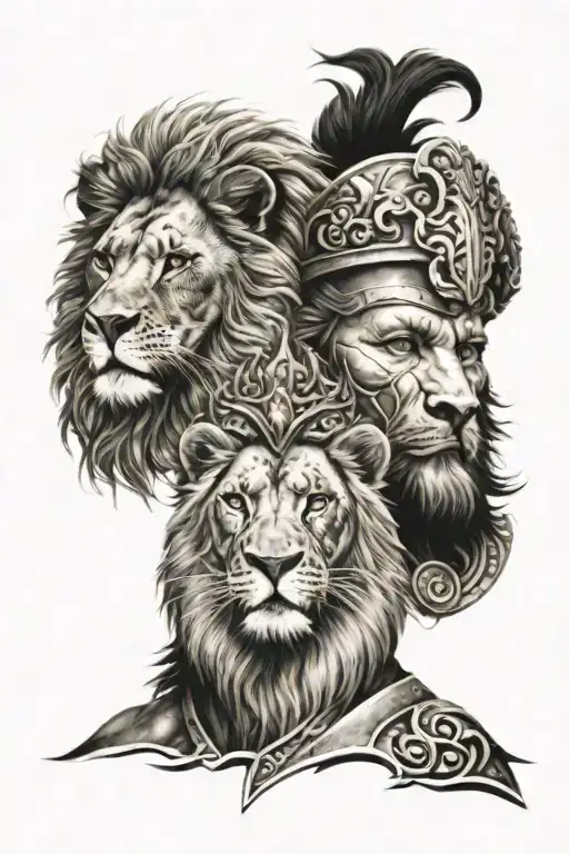Warrior and Lion face tattoo design idea