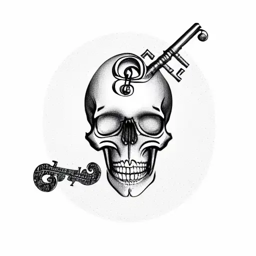 A skeleton key with musical notes flowing out, surrounded by Halloween elements tattoo design idea