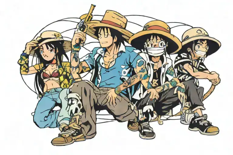 tattooed straw hat crew and gangster version sailing in the sunny with merry and ace in the background tattoo design idea