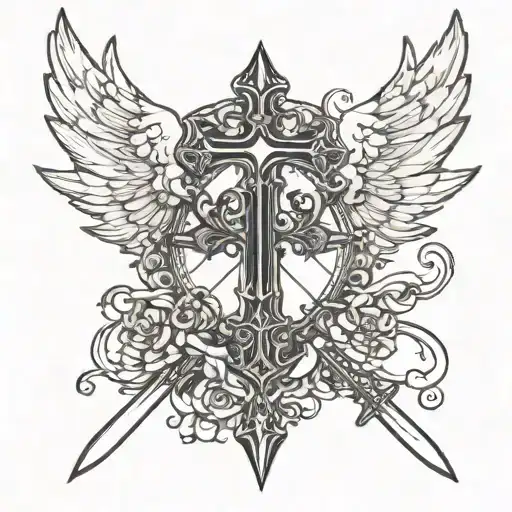 cross turned into a sword going through a crown with angel wings behind it tattoo design idea