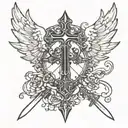 cross turned into a sword going through a crown with angel wings behind it tattoo design idea