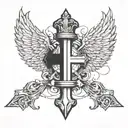 cross turned into a sword going through a crown with angel wings behind it tattoo design idea