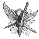 cross turned into a sword going through a crown with angel wings behind it tattoo design idea