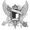 cross turned into a sword going through a crown with angel wings behind it tattoo design idea