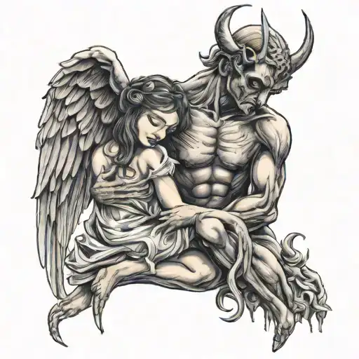 a devil taking pity and comforting a desperately grieving angel. he is holding her in a loving, pitying embrace tattoo design idea