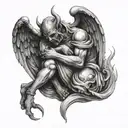 a devil taking pity and comforting a desperately grieving angel  tattoo design idea