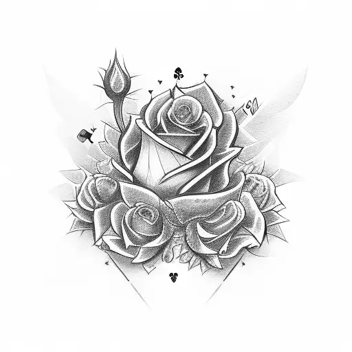 mansion, money, playing cards, poker chips, crown, and roses with shading tattoo design idea