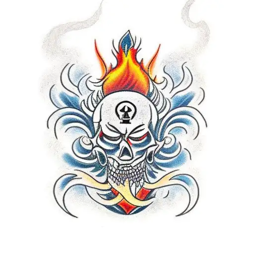 A traditional-style tattoo of a roaring bonfire surrounded by tribal symbols representing transformation and enlightenment tattoo design idea