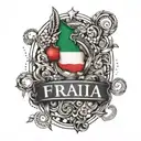 Create a tattoo featuring the names Franco, Alessandro, and Giulia intertwined with elements of Italy's flag tattoo design idea