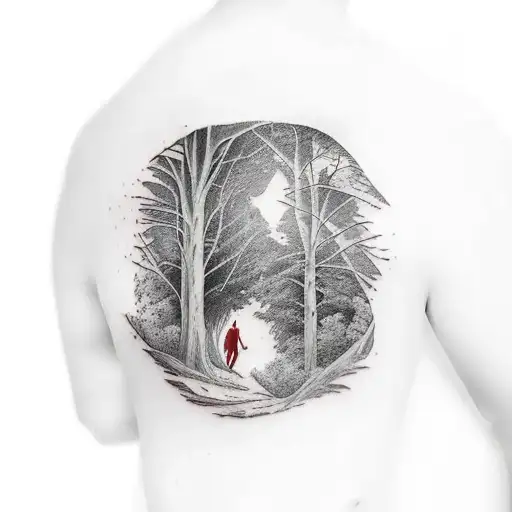 man in a cape walking in a clearing among trees, walking to the edge of a cliff or the moon is full tattoo design idea