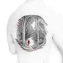 man in a cape walking in a clearing among trees, walking to the edge of a cliff or the moon is full tattoo design idea