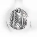 man in a cape walking in a clearing among trees, walking to the edge of a cliff or the moon is full tattoo design idea