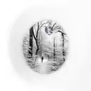 man in a cape walking in a clearing among trees, walking to the edge of a cliff or the moon is full tattoo design idea