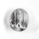 man in a cape walking in a clearing among trees, walking to the edge of a cliff or the moon is full tattoo design idea