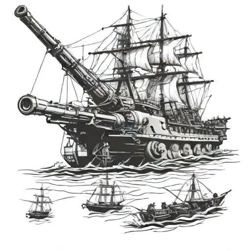 British empire, tall ship, tank, sniper rifle tattoo design idea