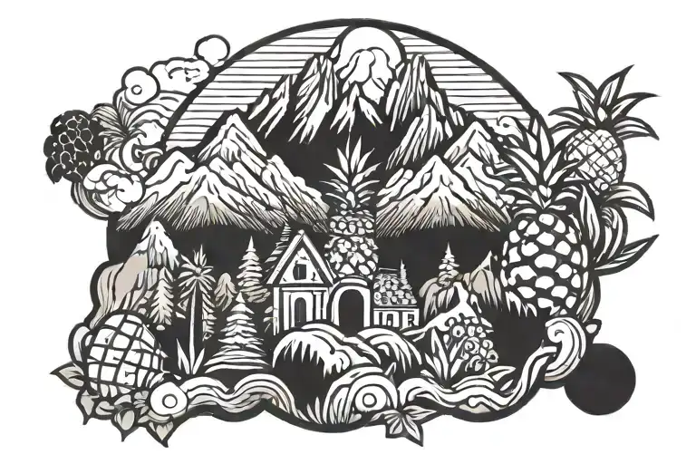 black line mountains that are cartoonish and a pineapple tattoo design idea