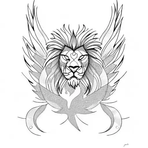flaming phoenix and rising lion tattoo design idea