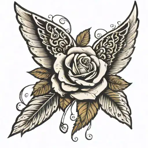 wing on forearm connected to a rose on top of the hand with vines going down knuckles  tattoo design idea