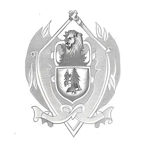 family crest with a tree in the middle, a rose, a lion and sword  tattoo design idea