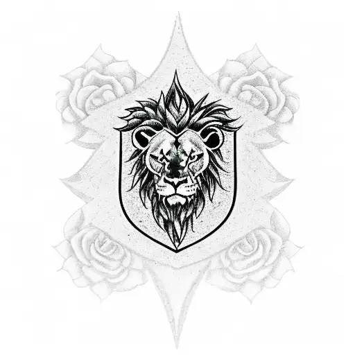 family crest with a tree in the middle, a rose, a lion and sword  tattoo design idea