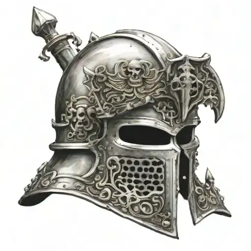 The helmet of a crusader knight, which is pierced and a skull sticks out from there tattoo design idea