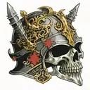 The helmet of a crusader knight, which is pierced and a skull sticks out from there tattoo design idea