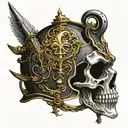The helmet of a crusader knight, which is pierced and a skull sticks out from there tattoo design idea