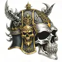 The helmet of a crusader knight, which is pierced and a skull sticks out from there tattoo design idea
