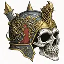 The helmet of a crusader knight, which is pierced and a skull sticks out from there tattoo design idea