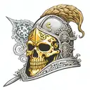 The helmet of a crusader knight, which is pierced and a skull sticks out from there tattoo design idea