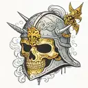 The helmet of a crusader knight, which is pierced and a skull sticks out from there tattoo design idea