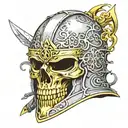 The helmet of a crusader knight, which is pierced and a skull sticks out from there tattoo design idea
