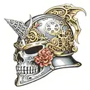 The helmet of a crusader knight, which is pierced and a skull sticks out from there tattoo design idea
