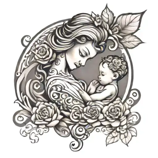 Description: A beautifully intricate tattoo design symbolizing the eternal love and bond between a mother and her child. tattoo design idea