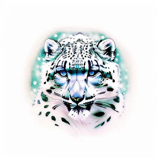Snow leopard, green eyes, mountain background  tattoo design idea