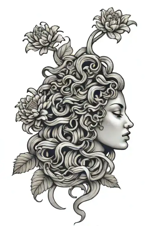 beautiful Medusa tatto surrounded by flor de magas in the back tattoo design idea