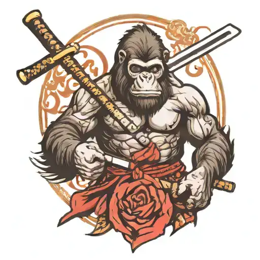 Gorilla with katana and Japanese samurai tattoo design idea