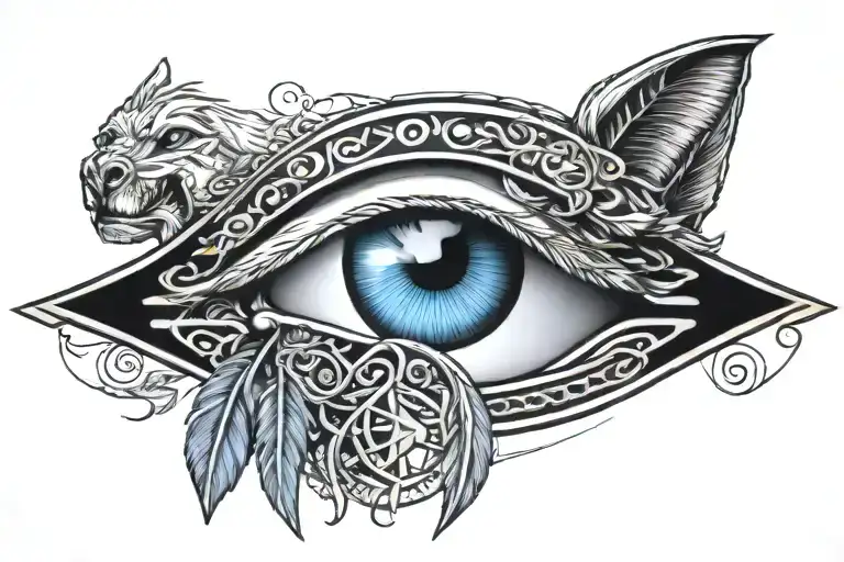 eye of ra egyptian god as one eye with wolf head and normal wolf eye with tree in the background tattoo design idea